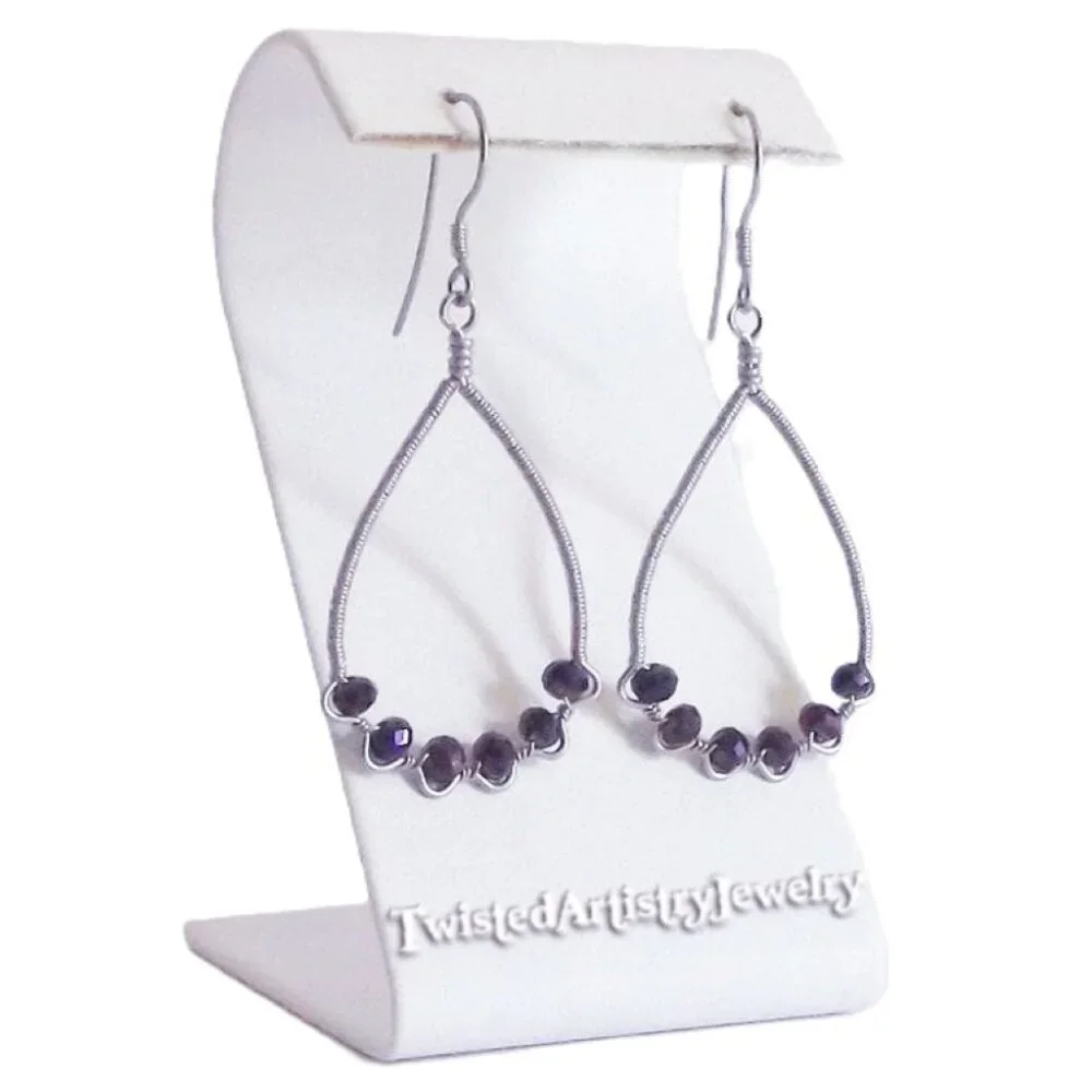 Metallic Purple Crystals Wire Wrapped ZigZag Teardrop Hoop Earrings - Picture 1 of 3